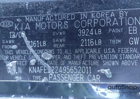 2009 Kia Spectra Ex z USA, uszkodzony, nr VIN KNAFE222495652011